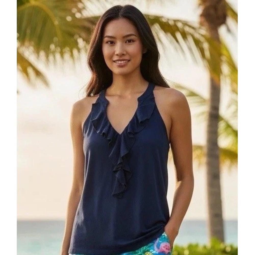 Lilly Pulitzer XL Shay Top Navy Size X LARGE Pima Cottn Ruffle Tank Blouse Shirt
